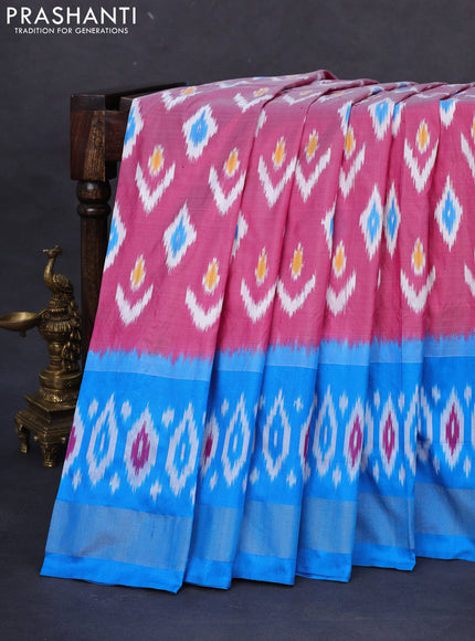 Pochampally silk saree pink and cs blue with allover ikat butta weaves and long ikat woven zari border