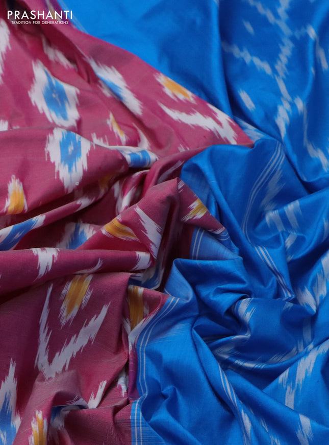 Pochampally silk saree pink and cs blue with allover ikat butta weaves and long ikat woven zari border