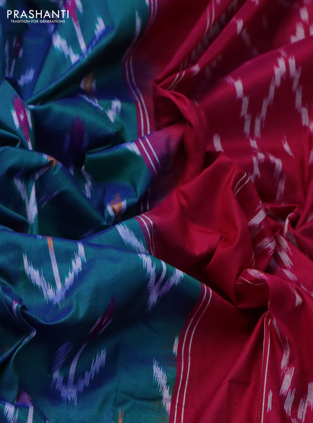Pochampally silk saree dual shade of teal green and magenta pink with allover ikat butta weaves and long ikat woven zari border