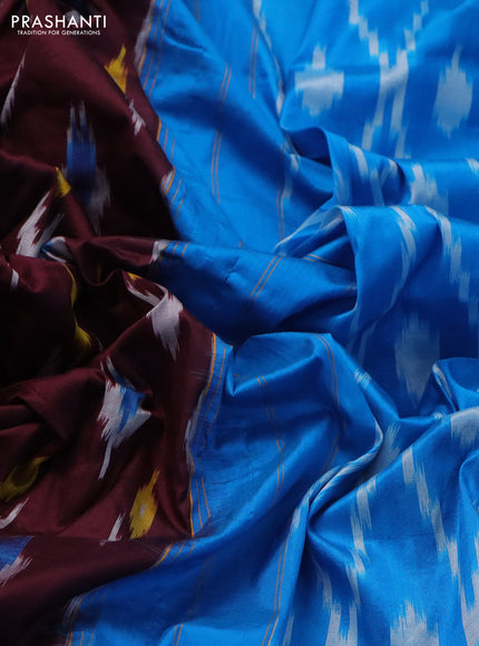Pochampally silk saree deep maroon and cs blue with allover ikat butta weaves and long ikat woven zari border