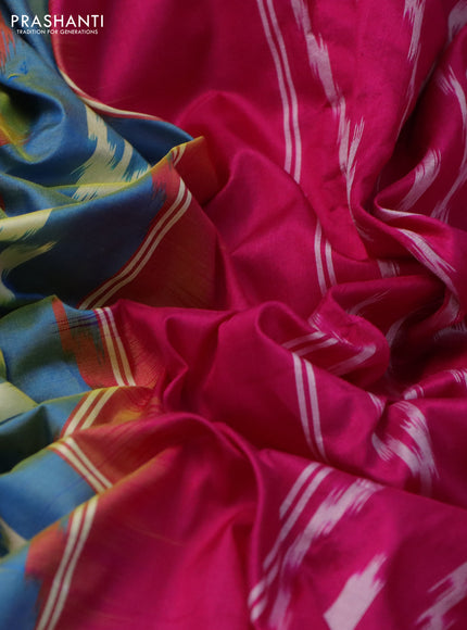 Pochampally silk saree dual shade of blue and magenta pink with allover ikat butta weaves and long ikat woven zari border