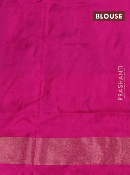 Pochampally silk saree dual shade of blue and magenta pink with allover ikat butta weaves and long ikat woven zari border