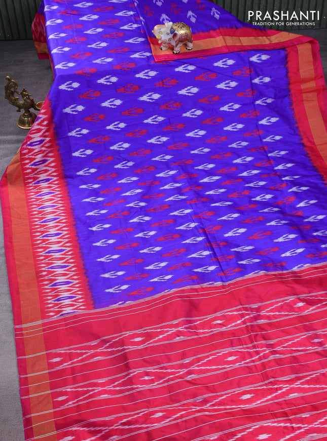 Pochampally silk saree blue and pink with allover ikat butta weaves and long ikat woven zari border