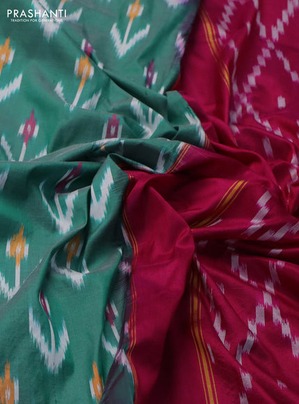 Pochampally silk saree green and dark pink with allover ikat butta weaves and long ikat woven zari border