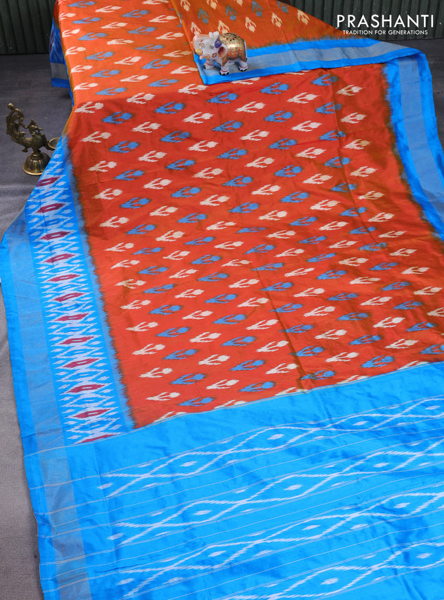 Pochampally silk saree dark mustard and cs blue with allover ikat butta weaves and long ikat woven zari border