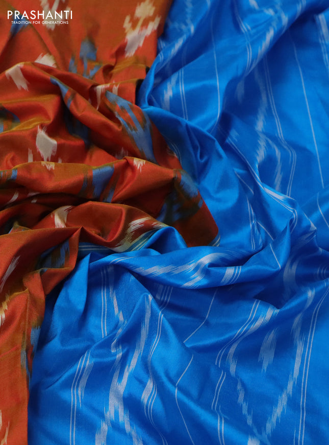 Pochampally silk saree dark mustard and cs blue with allover ikat butta weaves and long ikat woven zari border