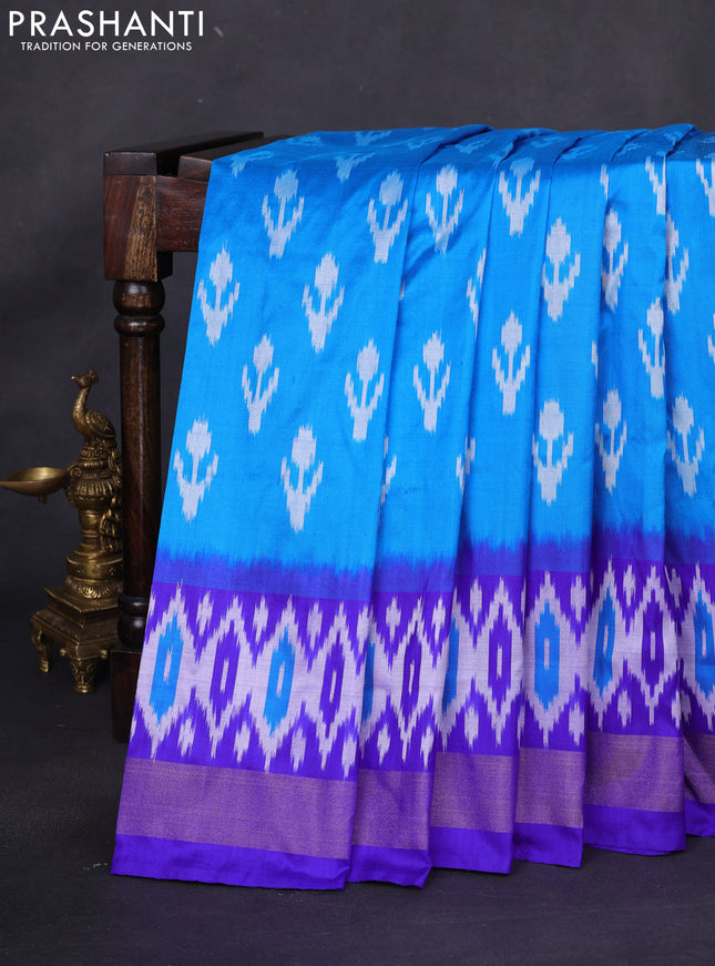 Pochampally silk saree cs blue and blue with allover ikat butta weaves and long ikat woven zari border
