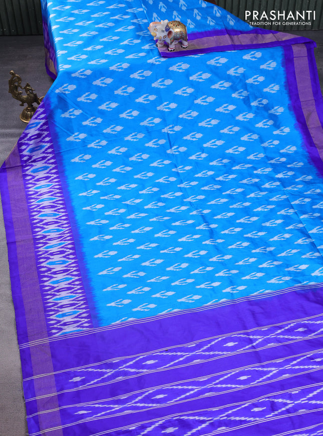 Pochampally silk saree cs blue and blue with allover ikat butta weaves and long ikat woven zari border