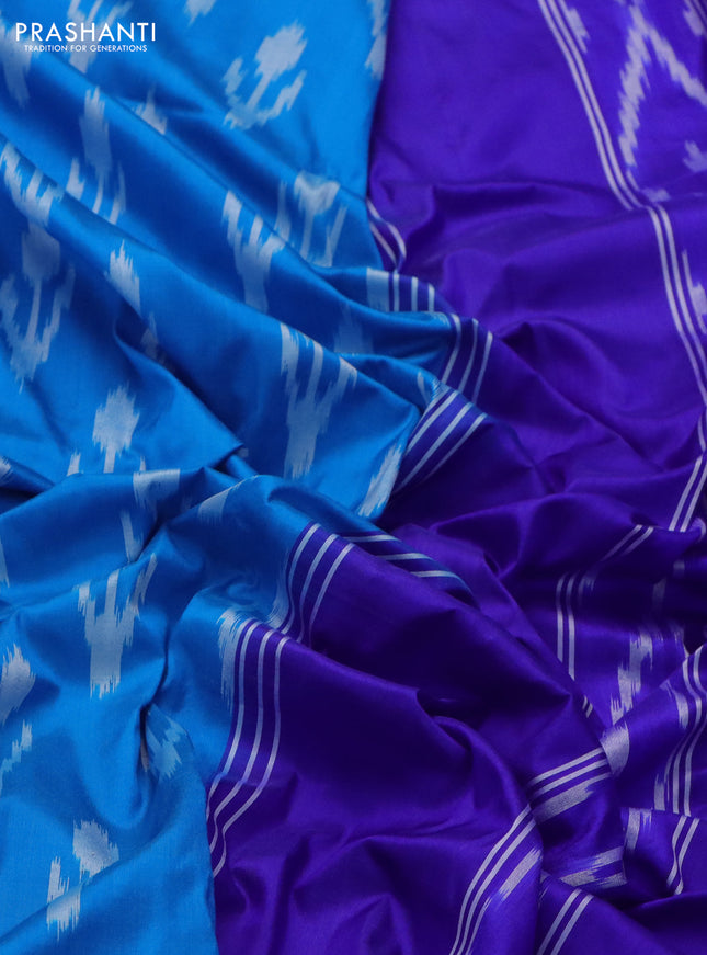 Pochampally silk saree cs blue and blue with allover ikat butta weaves and long ikat woven zari border