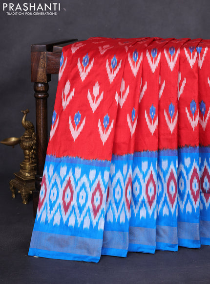 Pochampally silk saree red and cs blue with allover ikat weaves and long ikat woven zari border