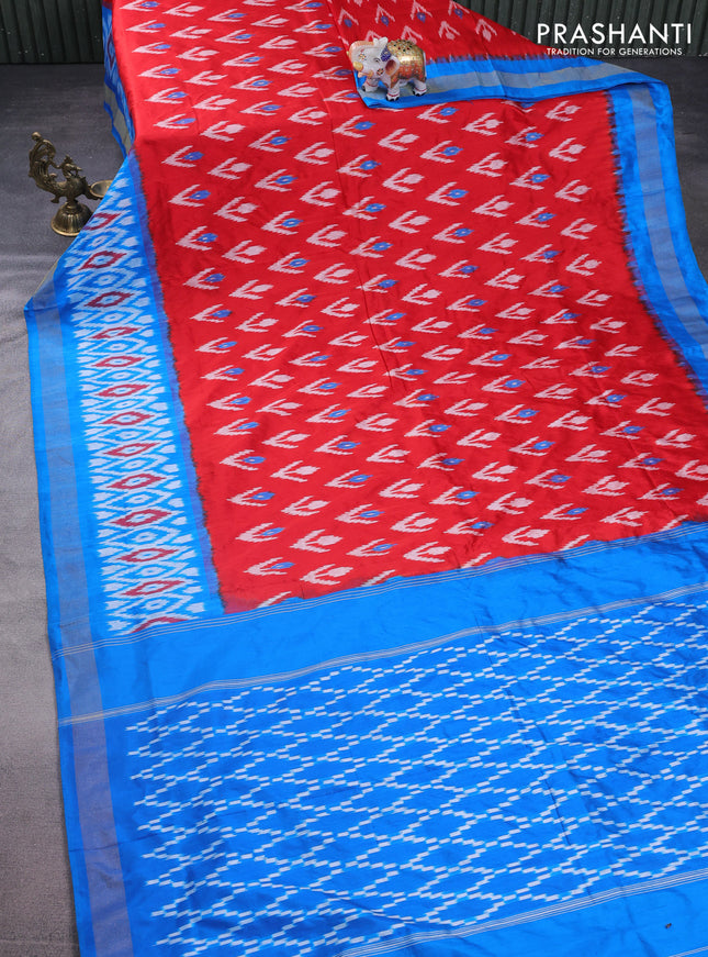 Pochampally silk saree red and cs blue with allover ikat weaves and long ikat woven zari border