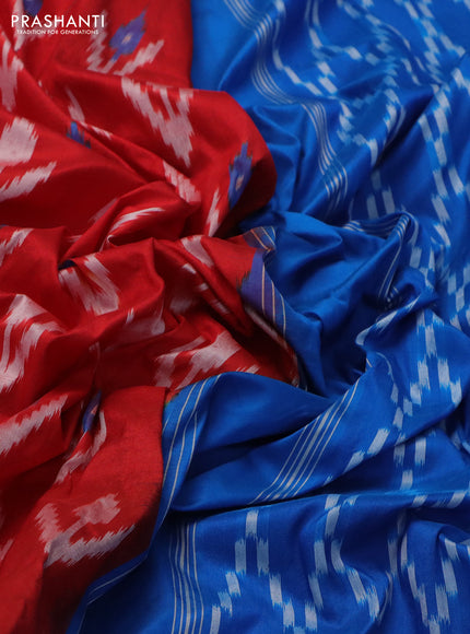 Pochampally silk saree red and cs blue with allover ikat weaves and long ikat woven zari border