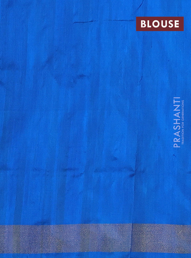 Pochampally silk saree red and cs blue with allover ikat weaves and long ikat woven zari border