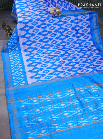 Pochampally silk saree dual shade of mild lavender and cs blue with allover ikat weaves and long ikat woven zari border