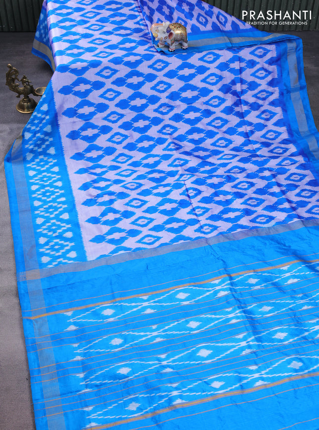 Pochampally silk saree dual shade of mild lavender and cs blue with allover ikat weaves and long ikat woven zari border