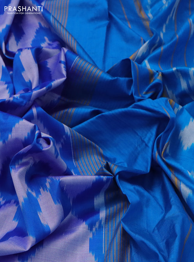 Pochampally silk saree dual shade of mild lavender and cs blue with allover ikat weaves and long ikat woven zari border