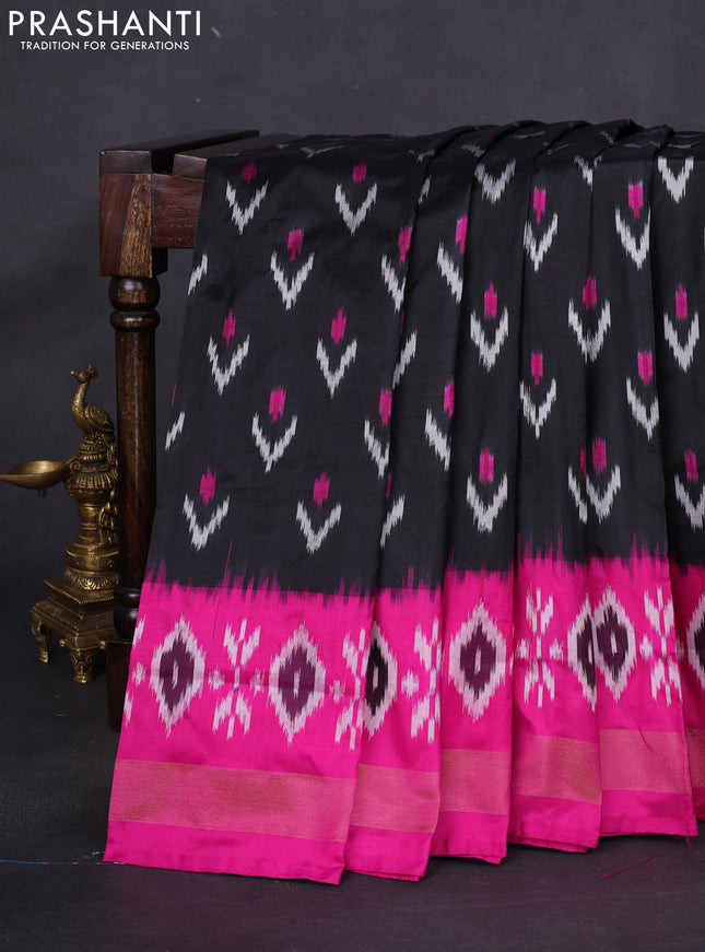Pochampally silk saree black and pink with allover ikat butta weaves and long ikat woven zari border
