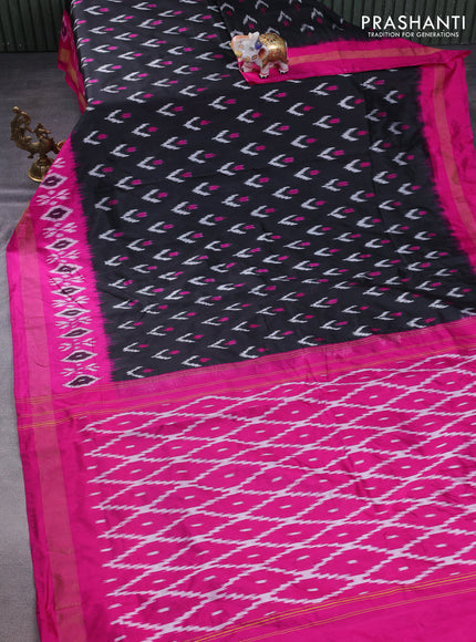 Pochampally silk saree black and pink with allover ikat butta weaves and long ikat woven zari border