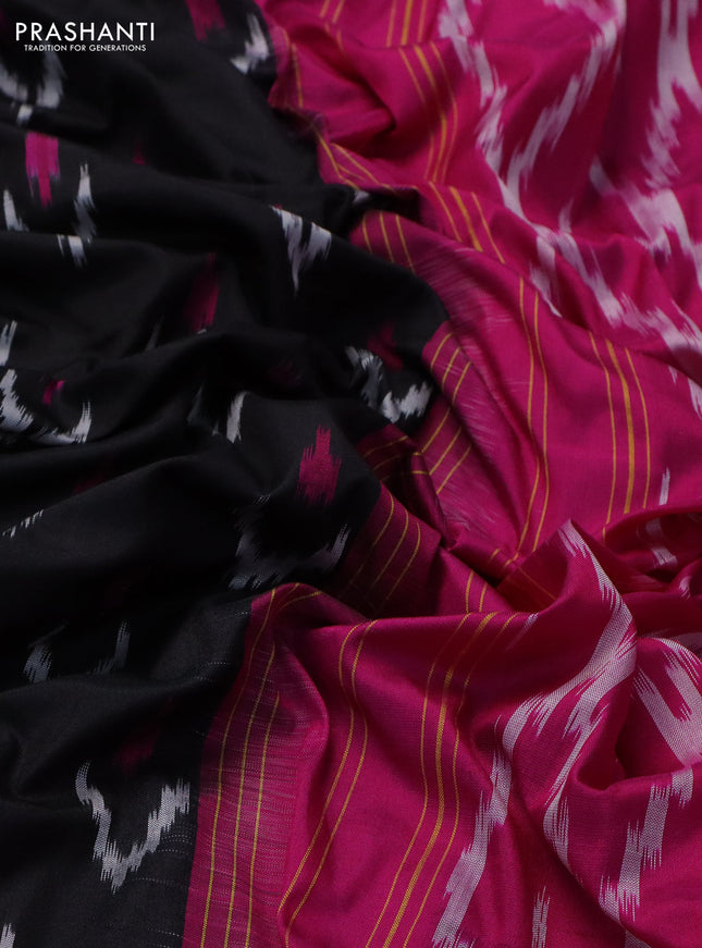 Pochampally silk saree black and pink with allover ikat butta weaves and long ikat woven zari border