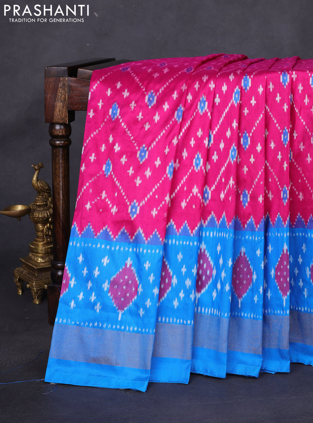 Pochampally silk saree pink and cs blue with allover ikat weaves and long ikat woven zari border
