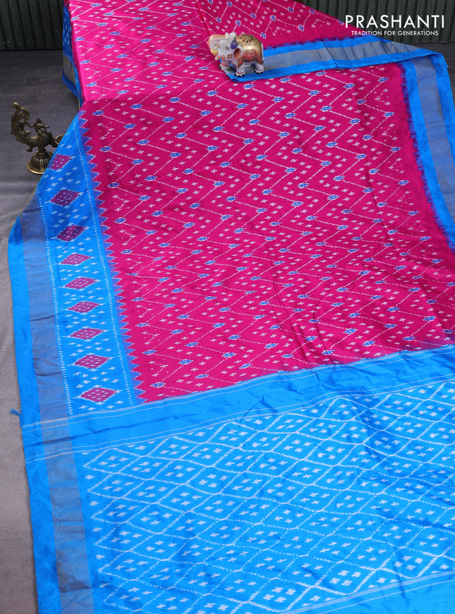 Pochampally silk saree pink and cs blue with allover ikat weaves and long ikat woven zari border
