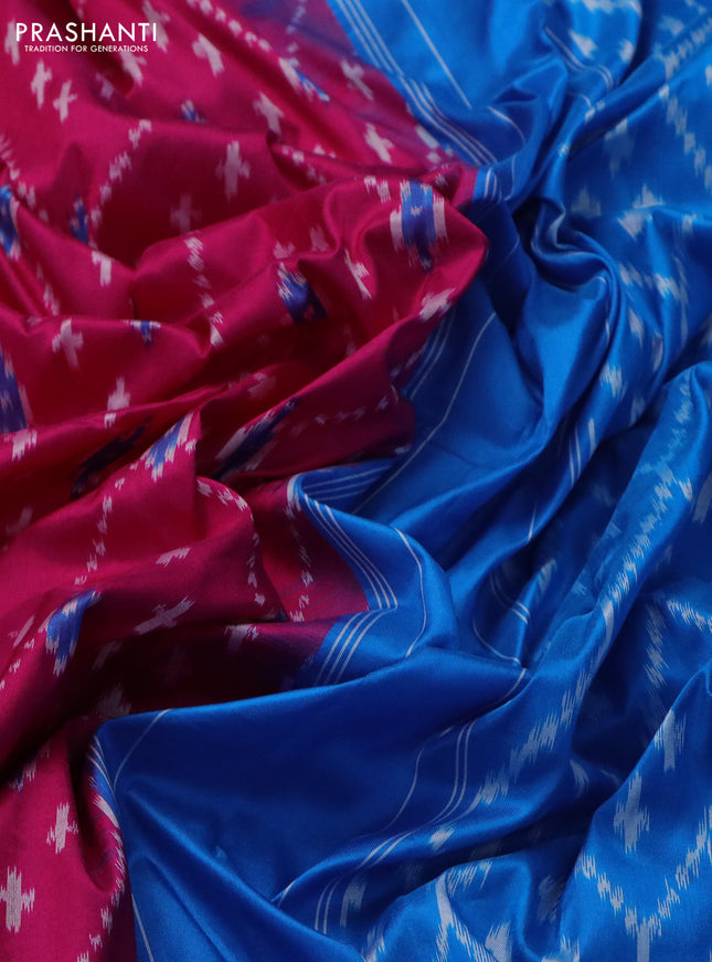 Pochampally silk saree pink and cs blue with allover ikat weaves and long ikat woven zari border