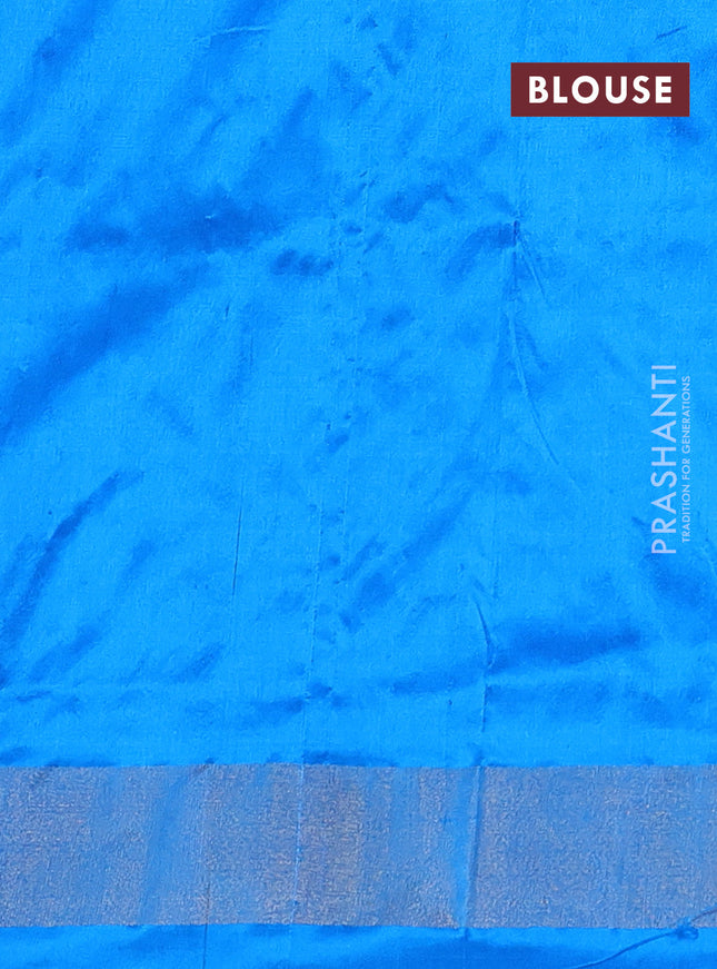 Pochampally silk saree pink and cs blue with allover ikat weaves and long ikat woven zari border