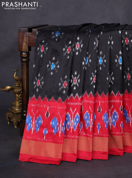 Pochampally silk saree black and red with allover ikat butta weaves and long ikat woven zari border
