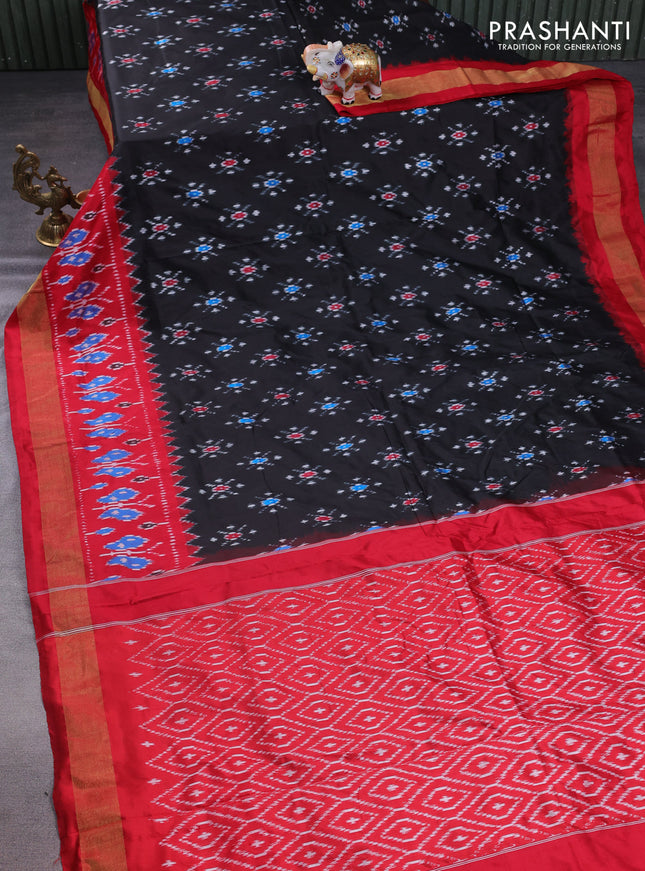 Pochampally silk saree black and red with allover ikat butta weaves and long ikat woven zari border
