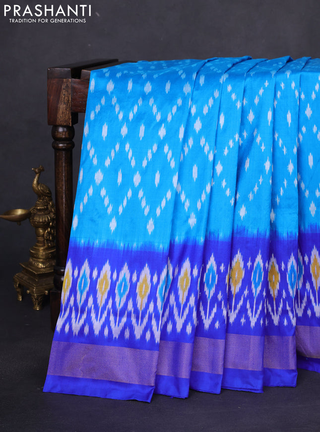 Pochampally silk saree cs blue and blue with allover ikat weaves and long ikat woven zari border