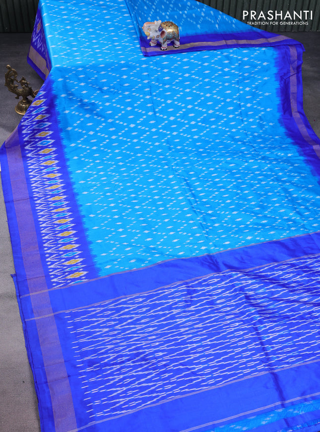 Pochampally silk saree cs blue and blue with allover ikat weaves and long ikat woven zari border