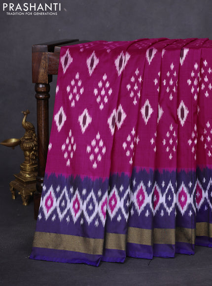 Pochampally silk saree pink and blue with allover ikat butta weaves and long ikat woven zari border