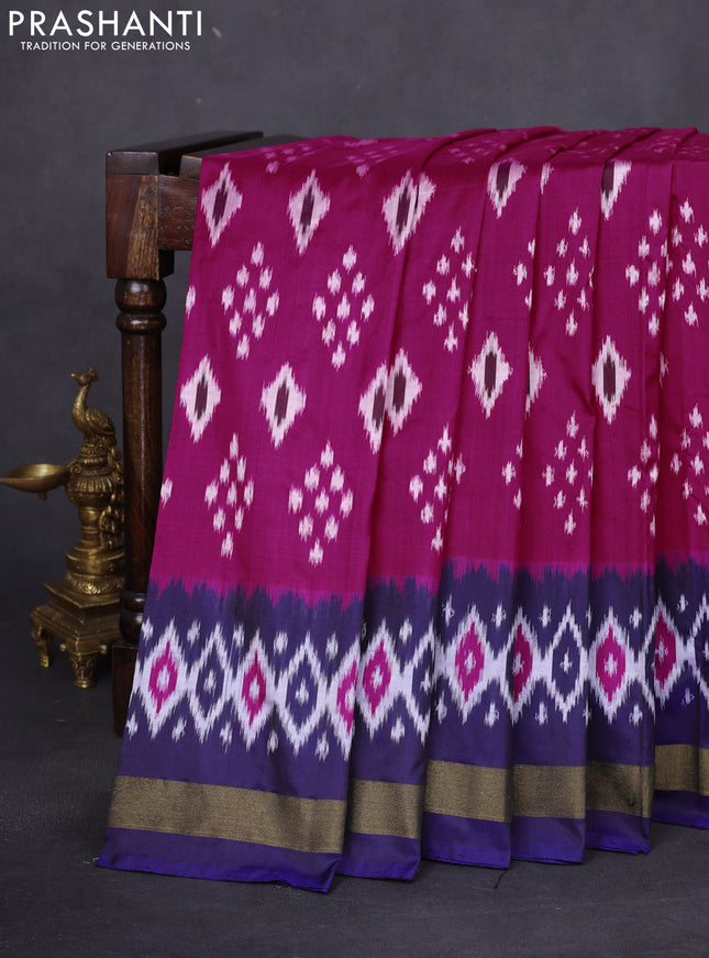 Pochampally silk saree pink and blue with allover ikat butta weaves and long ikat woven zari border