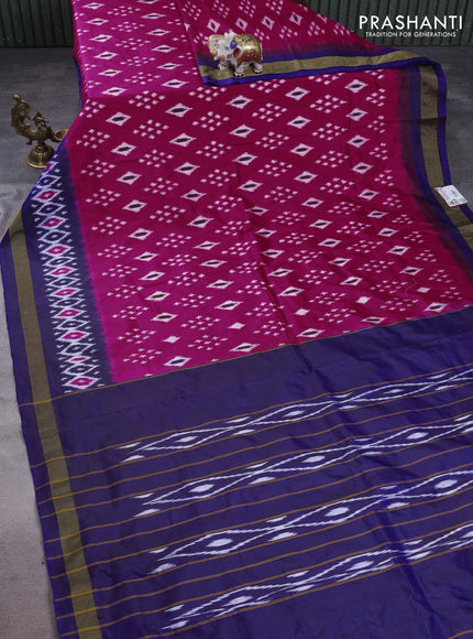 Pochampally silk saree pink and blue with allover ikat butta weaves and long ikat woven zari border