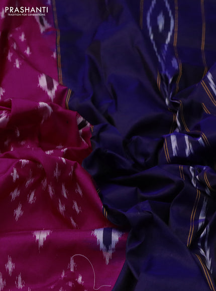 Pochampally silk saree pink and blue with allover ikat butta weaves and long ikat woven zari border