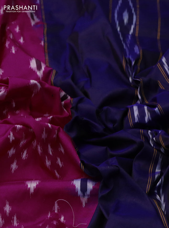 Pochampally silk saree pink and blue with allover ikat butta weaves and long ikat woven zari border