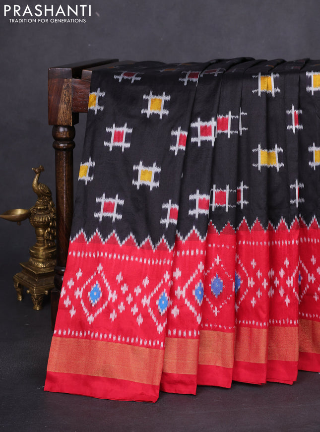 Pochampally silk saree black and red with allover ikat butta weaves and long ikat woven zari border