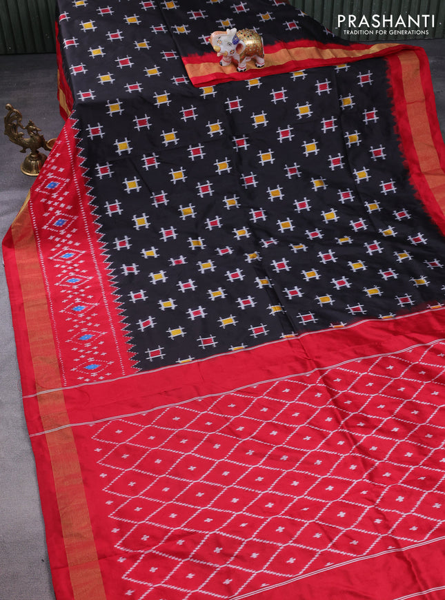 Pochampally silk saree black and red with allover ikat butta weaves and long ikat woven zari border