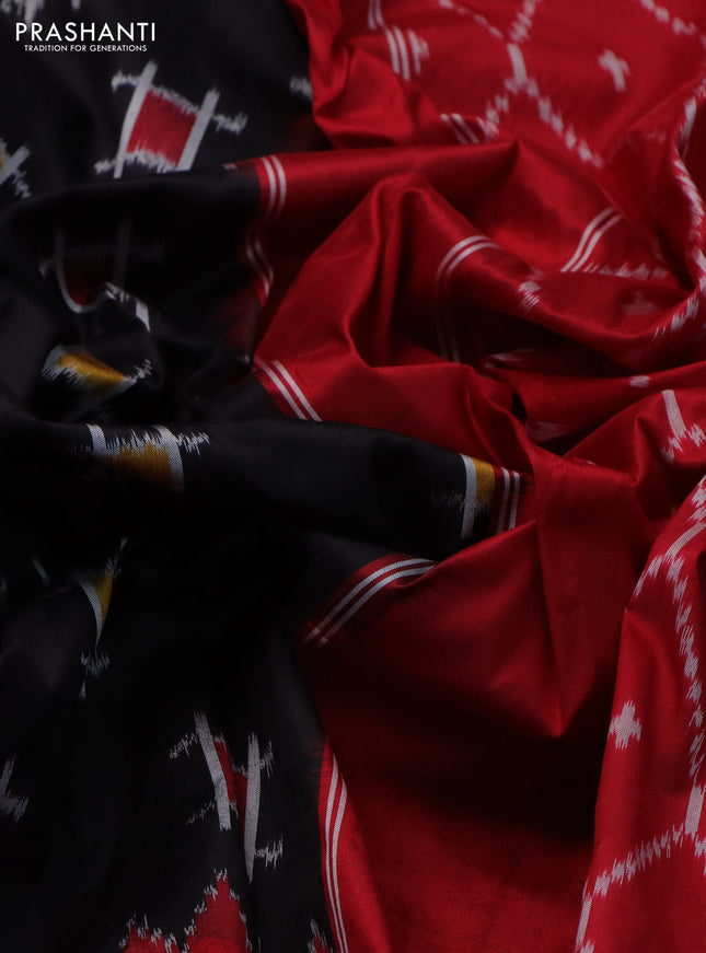 Pochampally silk saree black and red with allover ikat butta weaves and long ikat woven zari border