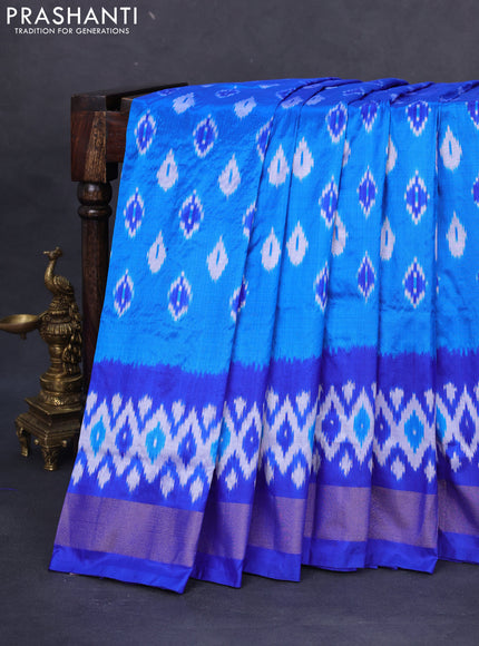 Pochampally silk saree cs blue and blue with allover ikat butta weaves and ikat woven zari border