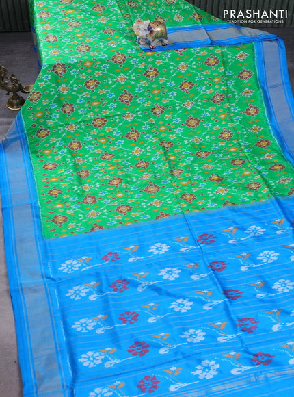 Pochampally silk saree green and cs blue with allover ikat weaves and zari woven border
