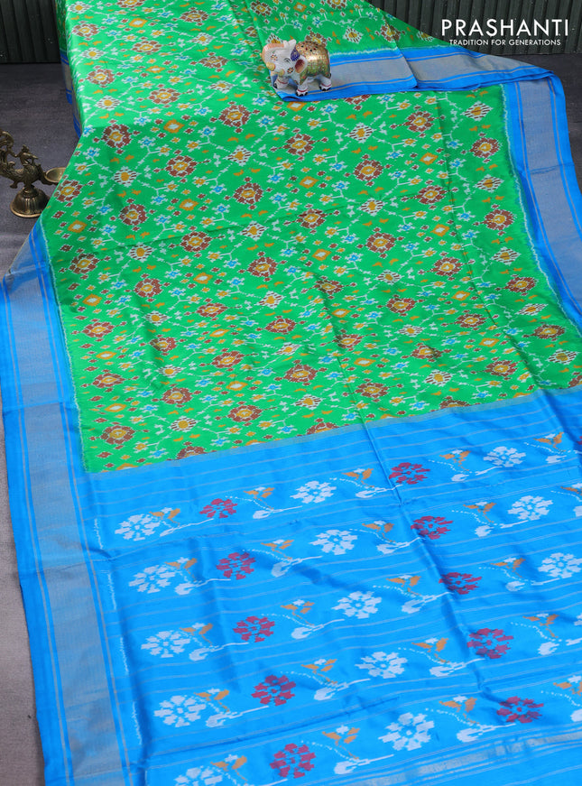 Pochampally silk saree green and cs blue with allover ikat weaves and zari woven border