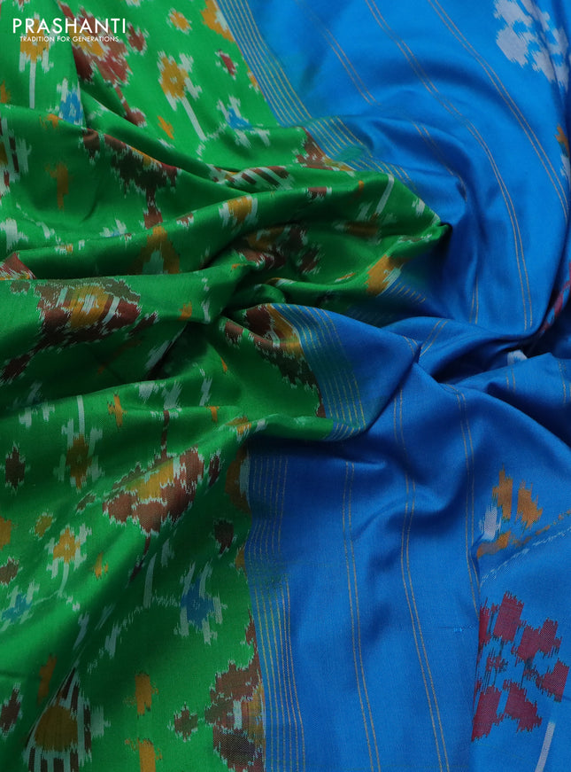 Pochampally silk saree green and cs blue with allover ikat weaves and zari woven border