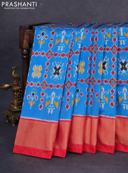 Pochampally silk saree cs blue and red with allover ikat weaves and zari woven border