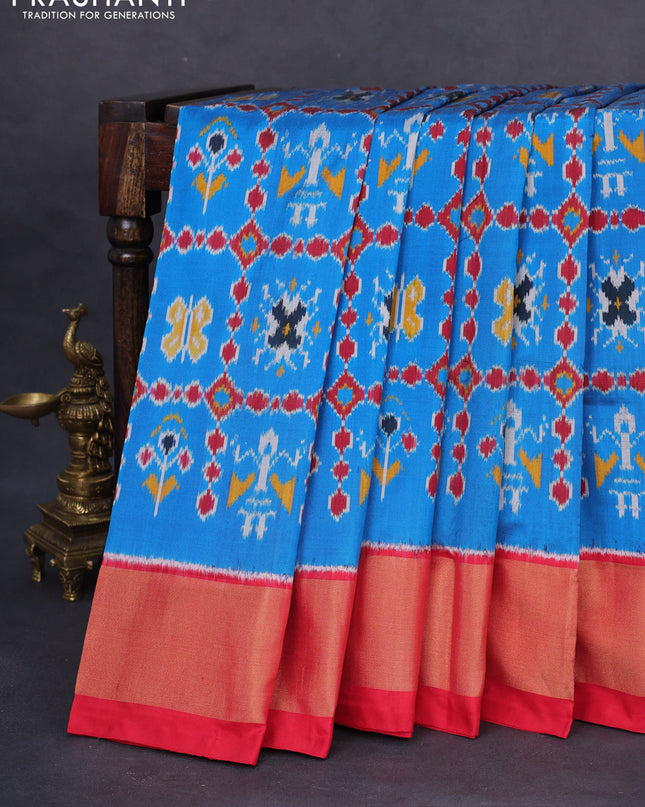 Pochampally silk saree cs blue and red with allover ikat weaves and zari woven border