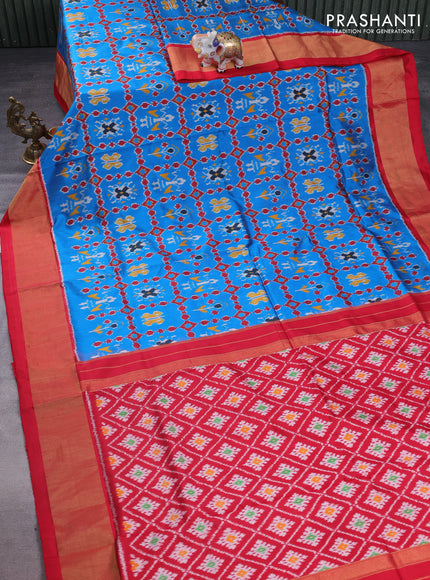 Pochampally silk saree cs blue and red with allover ikat weaves and zari woven border