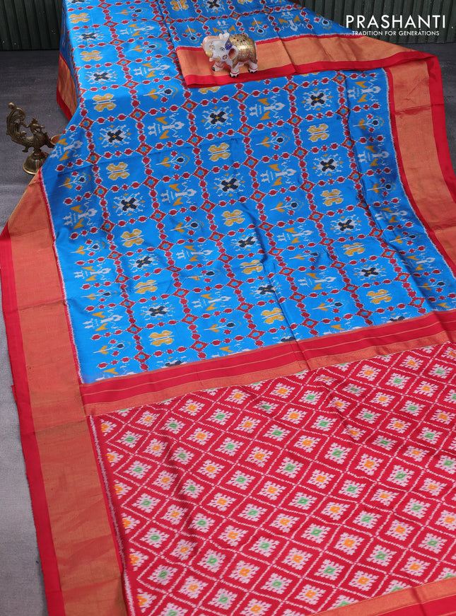 Pochampally silk saree cs blue and red with allover ikat weaves and zari woven border