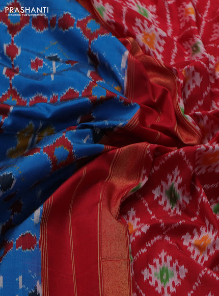 Pochampally silk saree cs blue and red with allover ikat weaves and zari woven border