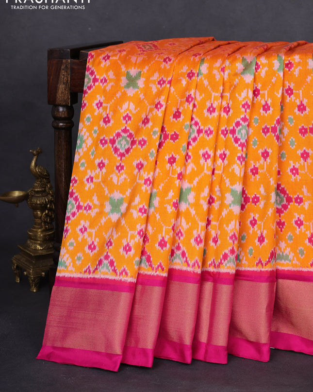 Pochampally silk saree orange and pink with allover ikat weaves and zari woven border