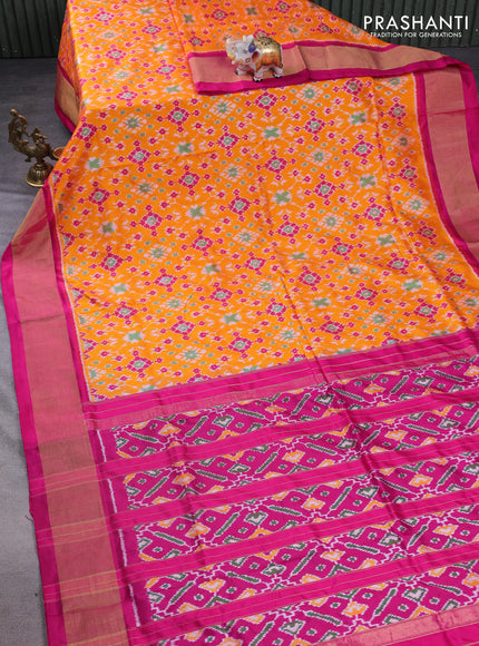 Pochampally silk saree orange and pink with allover ikat weaves and zari woven border